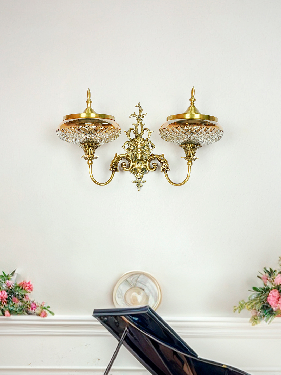 Regal Antique Brass Double Wall Sconce with Golden Luster Shades