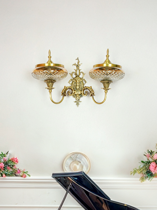 Regal Antique Brass Double Wall Sconce with Golden Luster Shades
