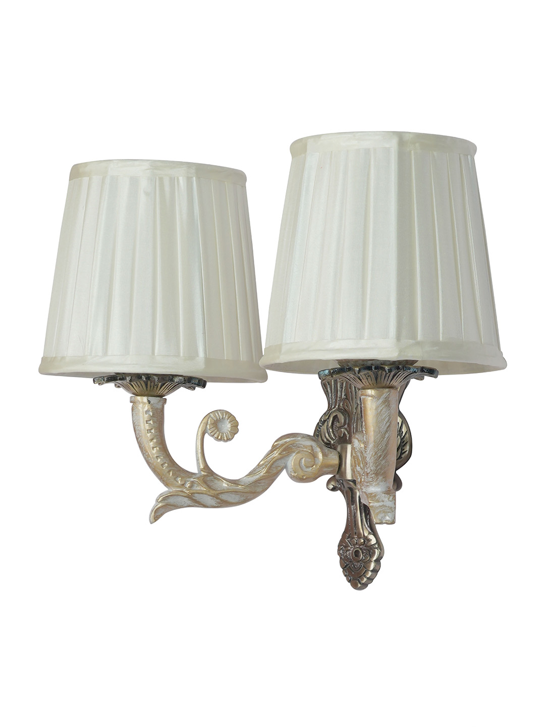 Opulent Golden White Double Wall Sconce with Pleated Ivory Fabric Shade