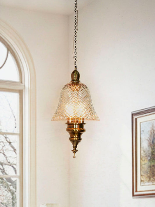 Elegant Antique Brass 3-Light Bell Pendant with Golden Cut Glass Shade