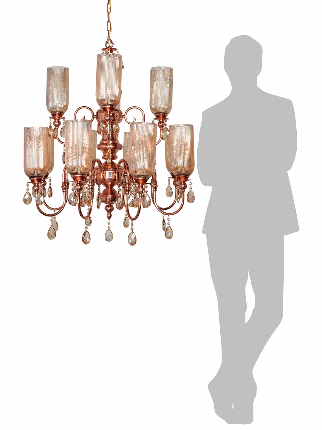 Grand Polished Copper Chandelier: Fluted Luster Glass, Honey Crystals