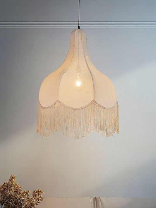Bohemian Chic Large Beige Bell Scalloped Fabric Pendant Light with Tassels