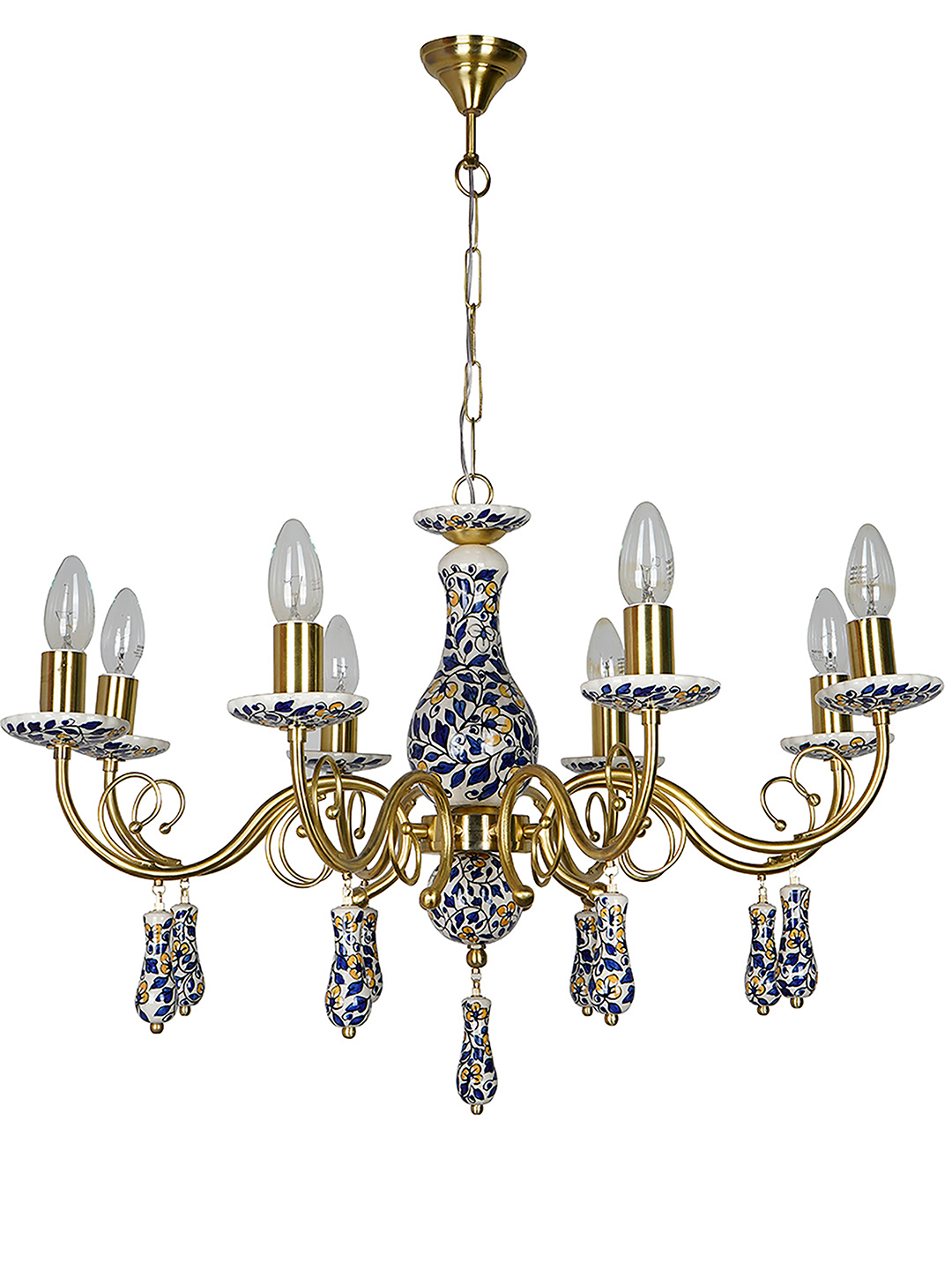 Handcrafted Blue Pottery Floral Brass 8-Light Candelabra Chandelier for Dining
