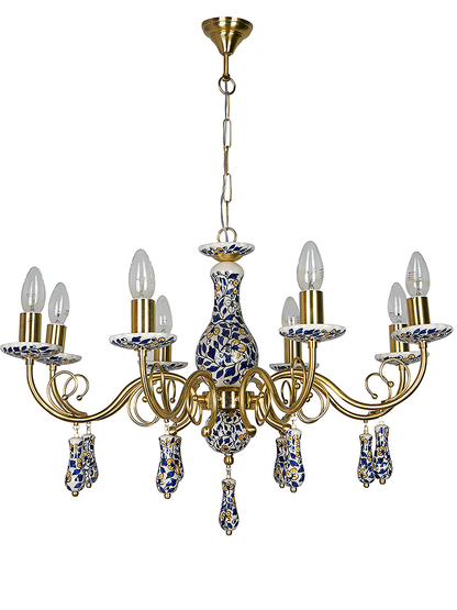 Handcrafted Blue Pottery Floral Brass 8-Light Candelabra Chandelier for Dining