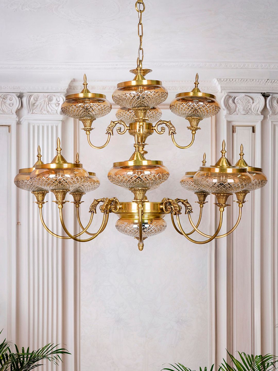 Exquisite Regal Brass 13-Light Chandelier with Golden Luster Cut Glass Shades