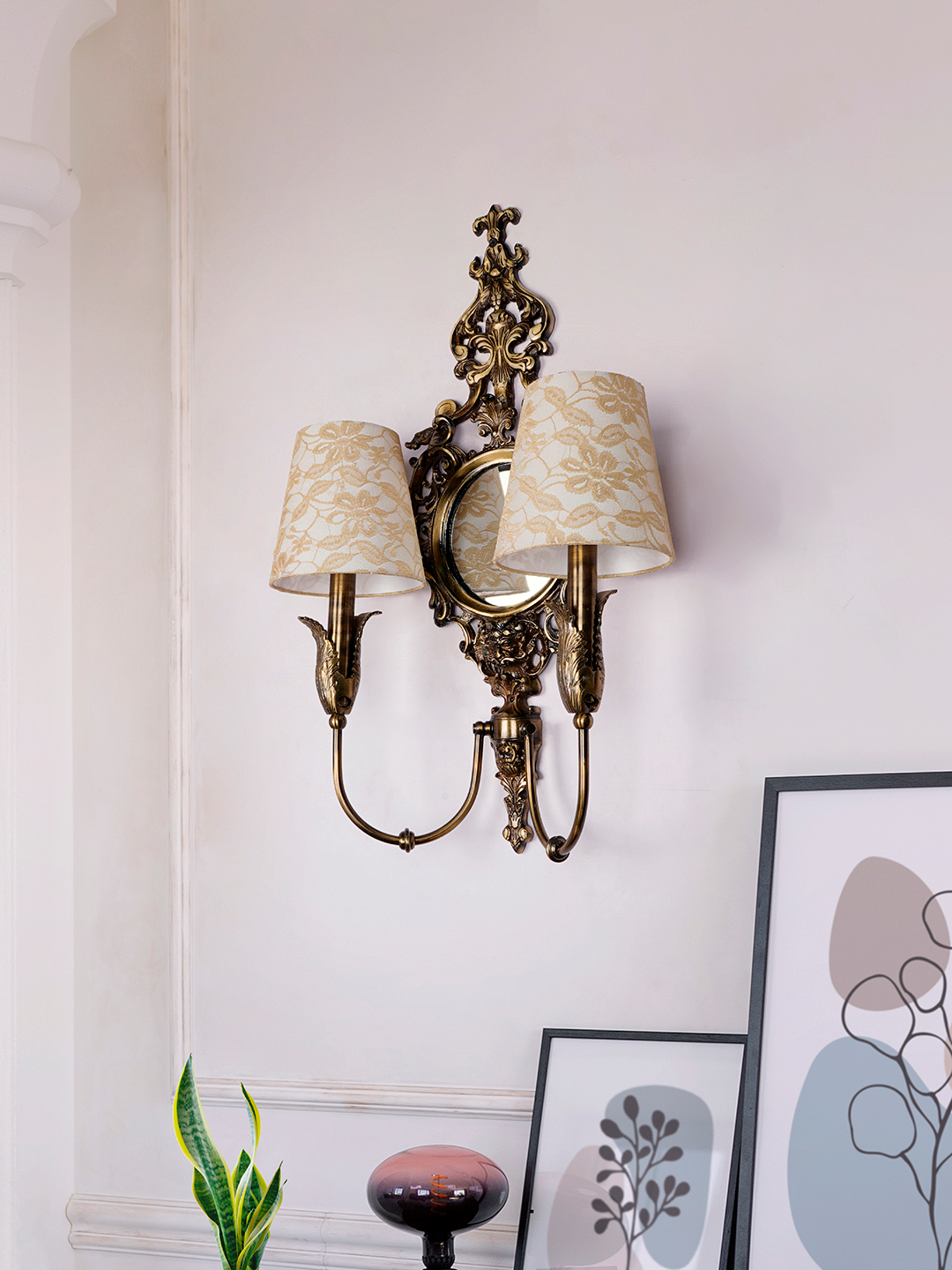 Opulent Vintage Antique Brass Wall Lamp with Mirror and Dual Lace Shades
