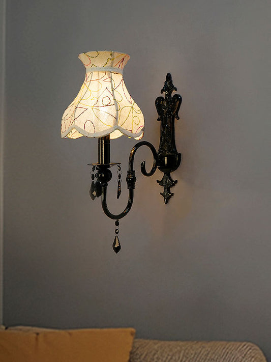 Elegant Black Wall Sconce with Green Embroidered Scalloped Shade & Sparkling Crystals