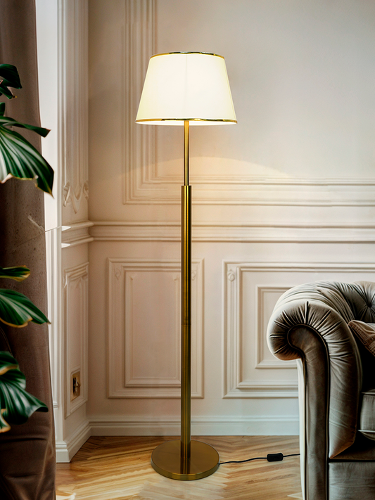 Elegant Antique Brass Double Pipe Floor Lamp with Cream Tapered Fabric Shade