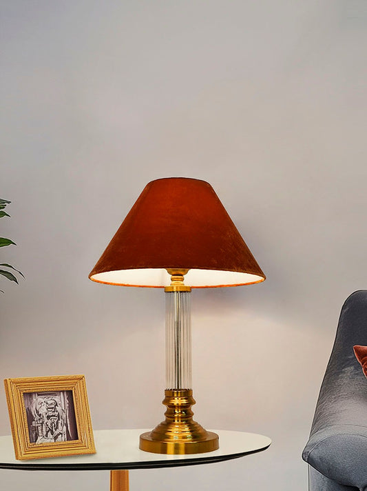 Modern Elegant Orange Velvet Fluted Glass Table Lamp with Brass Antique Finish