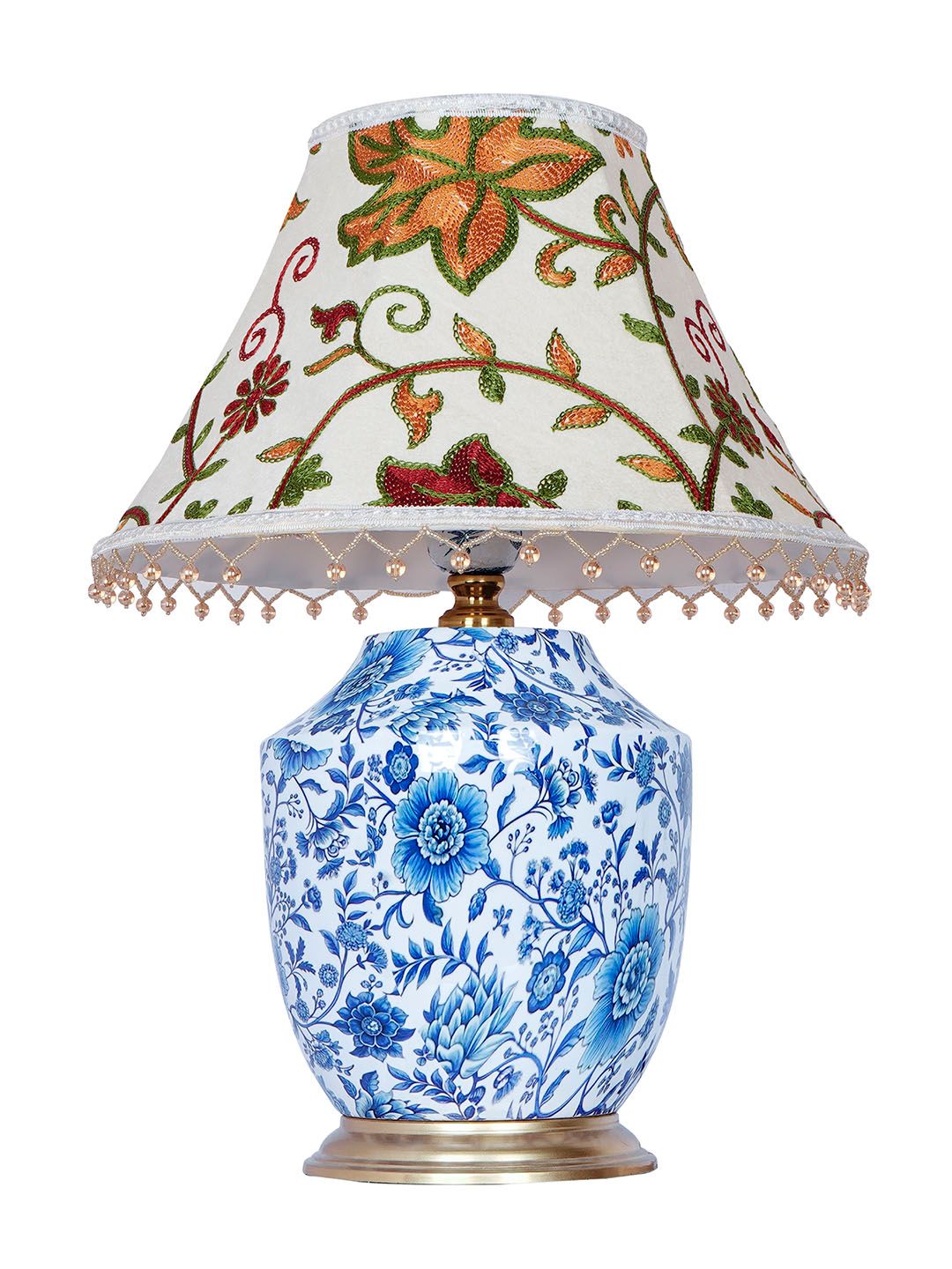 Handcrafted Eclectic Blue Pottery Print Table Lamp with Kashmiri Embroidered Velvet Shade