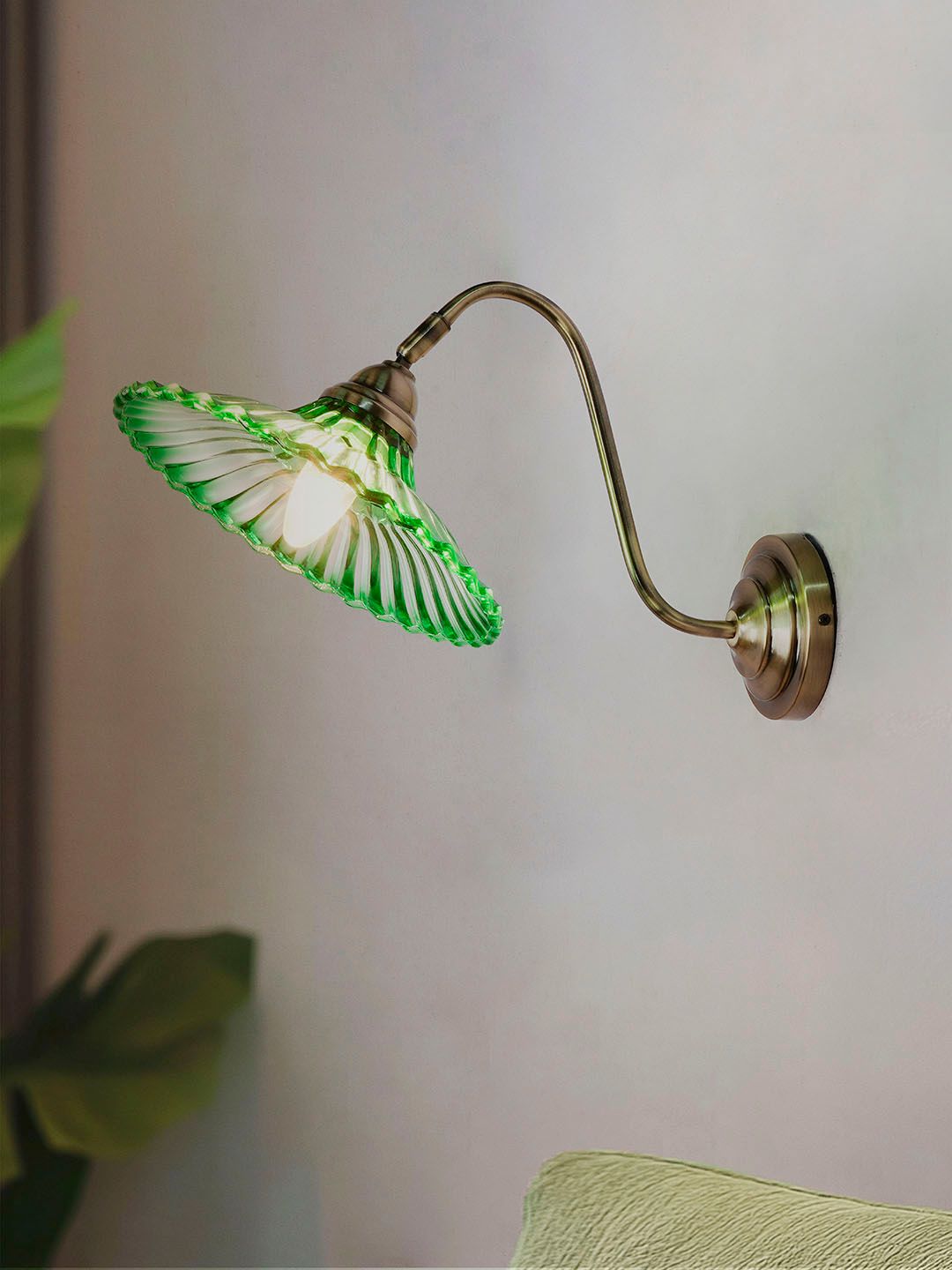 Modern Industrial Green Ribbed Glass Adjustable Gooseneck Wall Sconce