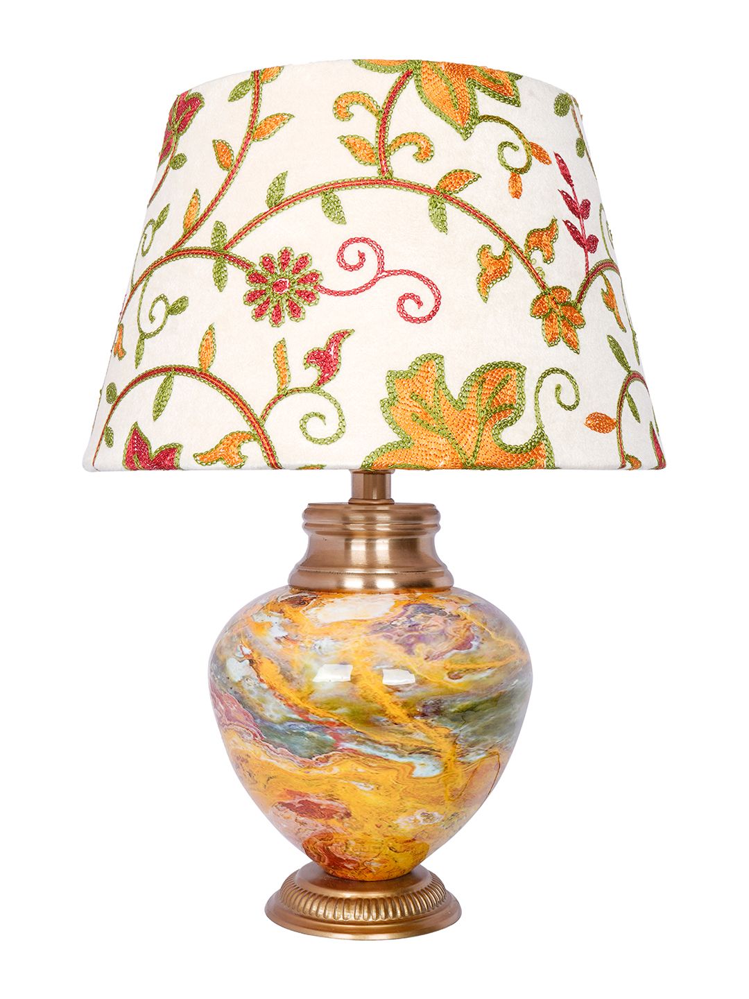 Exquisite Kashmiri Embroidered Shade Table Lamp - Metal Red Stone Pot Design