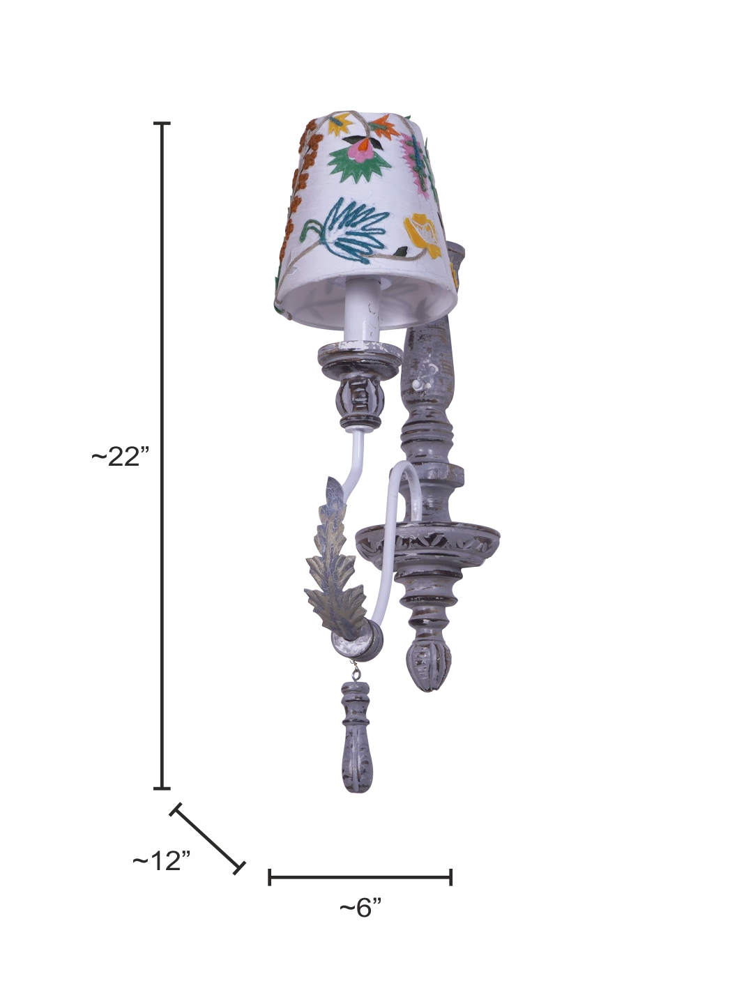 Parisian Distressed Grey Single Light Wooden Wall Sconce with Dainty Embroidered Shades
