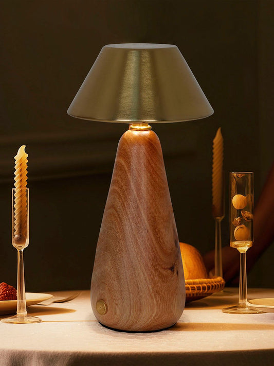 Modern Dimmable Rechargeable LED Table Lamp with Wood Base & Brass Shade