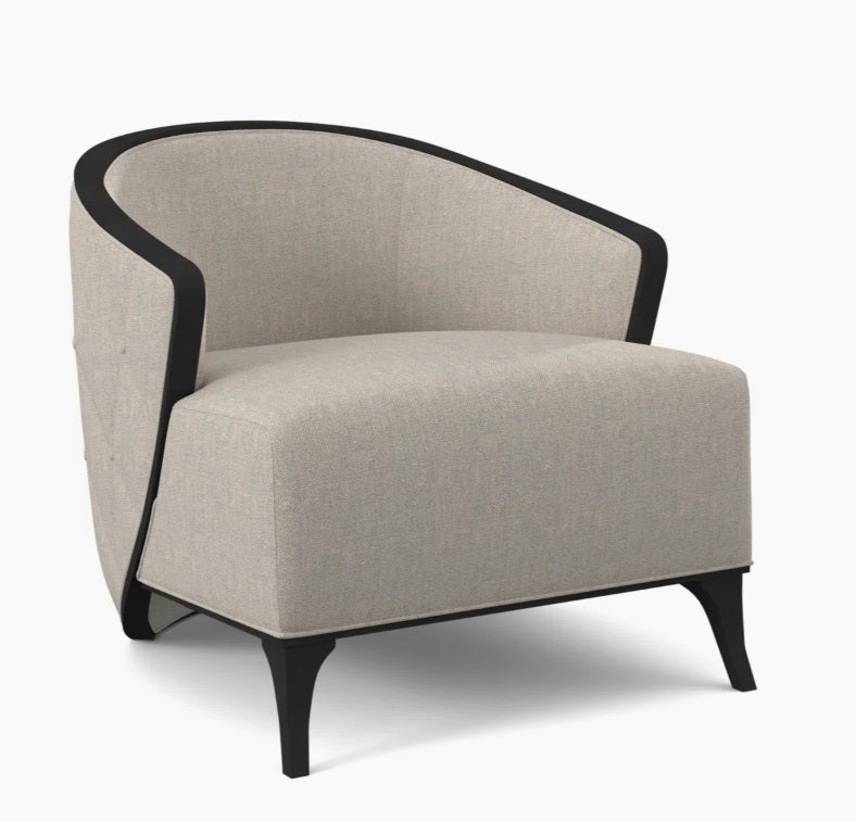 Bella Armchair: Graceful Lounge Chair with Curving Arms, Tufted Upholstery, Wood Trim