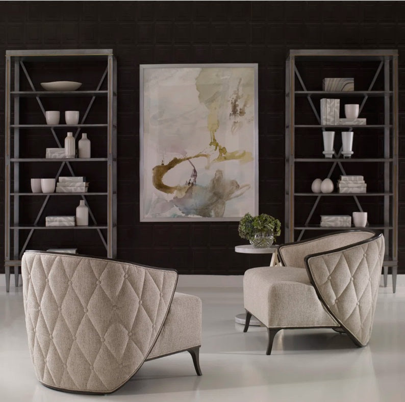 Bella Armchair: Graceful Lounge Chair with Curving Arms, Tufted Upholstery, Wood Trim