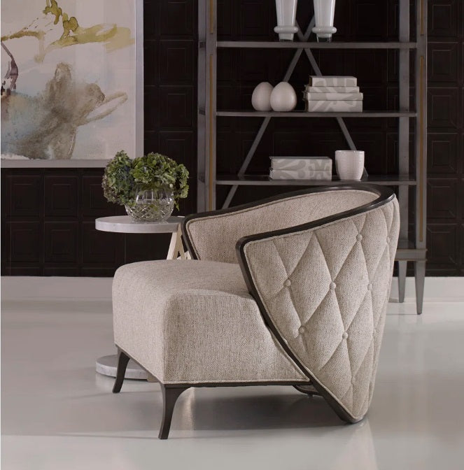Bella Armchair: Graceful Lounge Chair with Curving Arms, Tufted Upholstery, Wood Trim