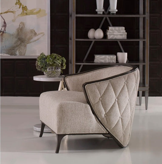 Bella Armchair: Graceful Lounge Chair with Curving Arms, Tufted Upholstery, Wood Trim