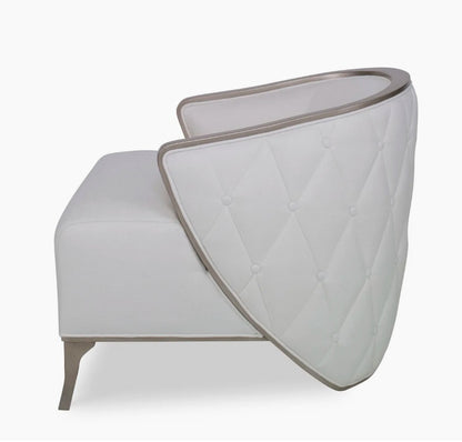 Bella Armchair: Graceful Lounge Chair with Curving Arms, Tufted Upholstery, Wood Trim