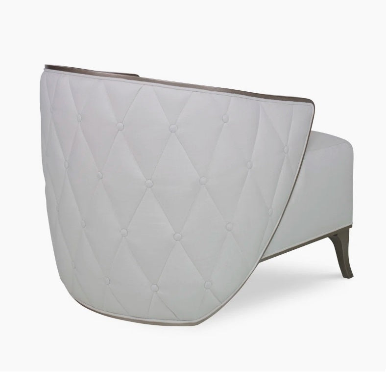 Bella Armchair: Graceful Lounge Chair with Curving Arms, Tufted Upholstery, Wood Trim