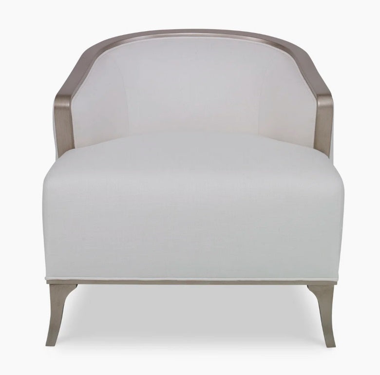 Bella Armchair: Graceful Lounge Chair with Curving Arms, Tufted Upholstery, Wood Trim