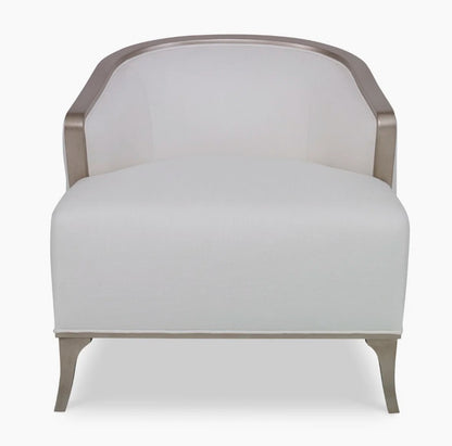 Bella Armchair: Graceful Lounge Chair with Curving Arms, Tufted Upholstery, Wood Trim