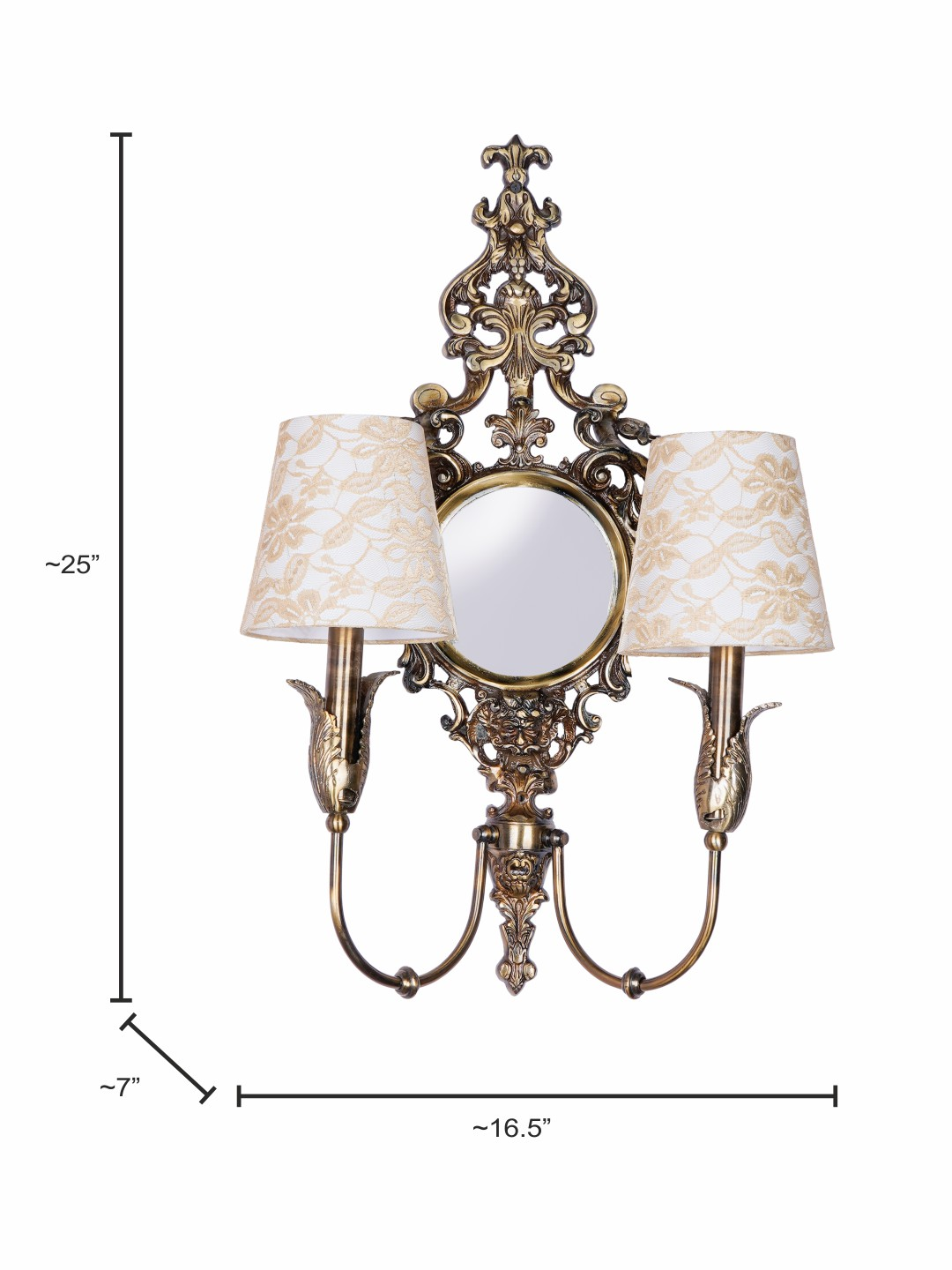 Opulent Vintage Antique Brass Wall Lamp with Mirror and Dual Lace Shades