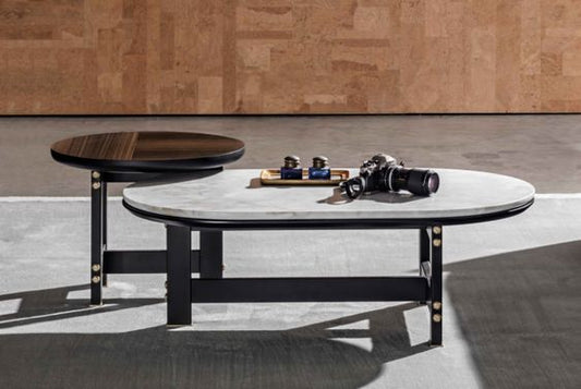 Porsche Modern Industrial Coffee Table: Elegant Metal Base, Wood & Marble Top