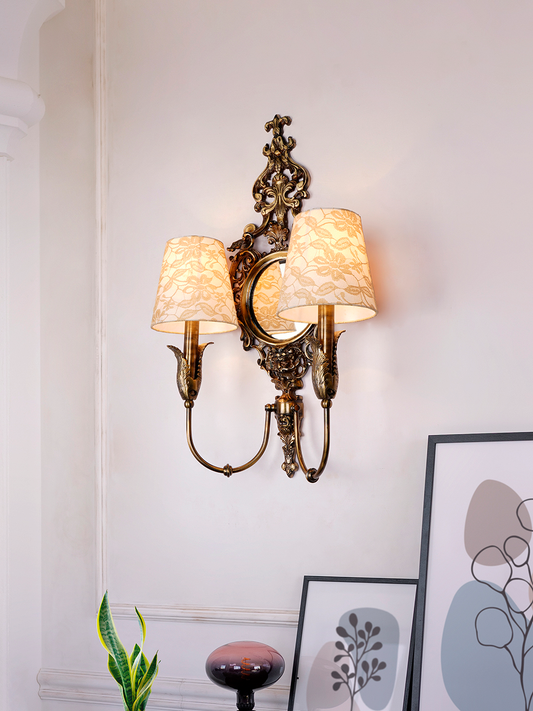 Opulent Vintage Antique Brass Wall Lamp with Mirror and Dual Lace Shades