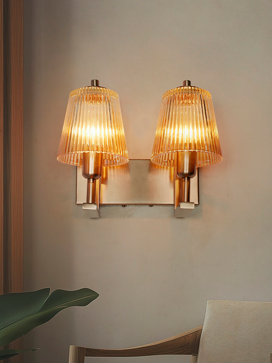 Elegant Modern Double Copper Ribbed Glass Wall Sconce for Stylish Home Lighting