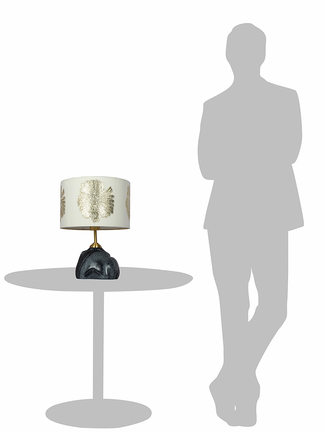 Elegant Black Marble Table Lamp with Gold Embroidered Ivory Drum Shade