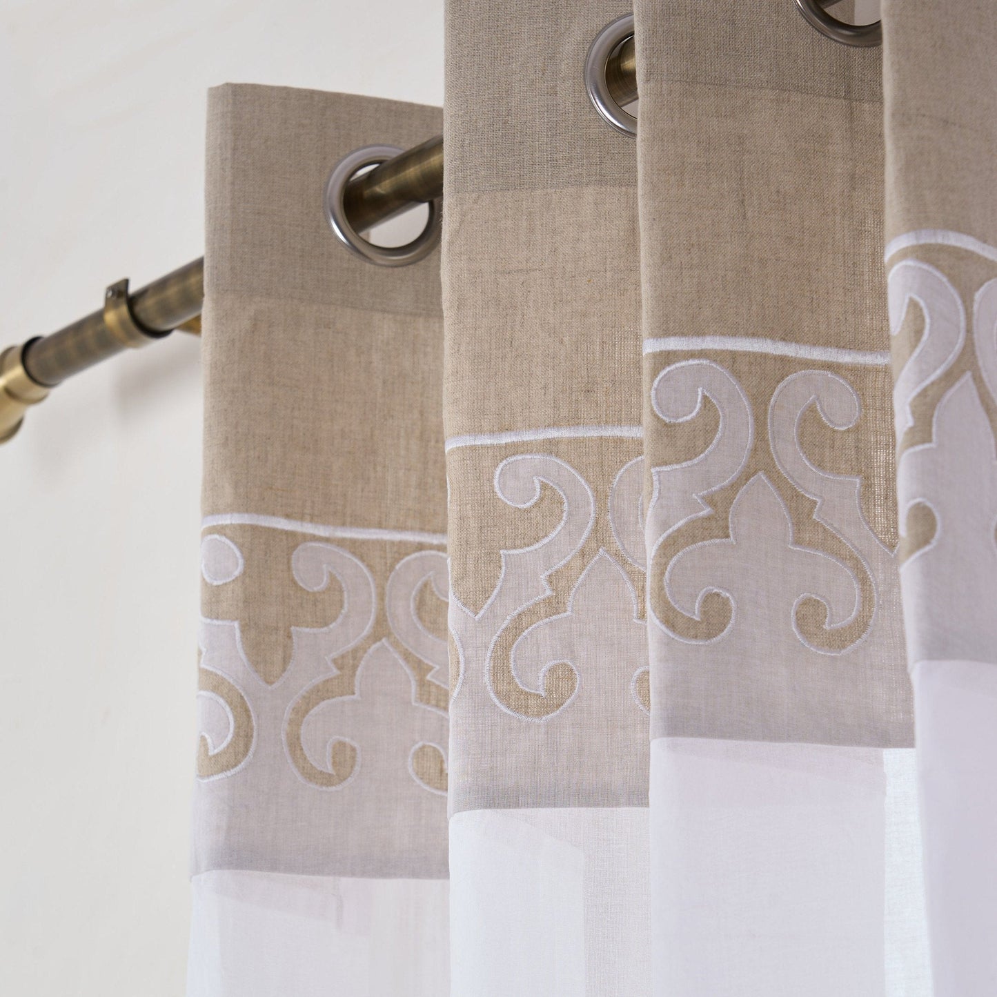 Linen & Organdy Suzani Applique Curtain - Elegant Sheer Panel