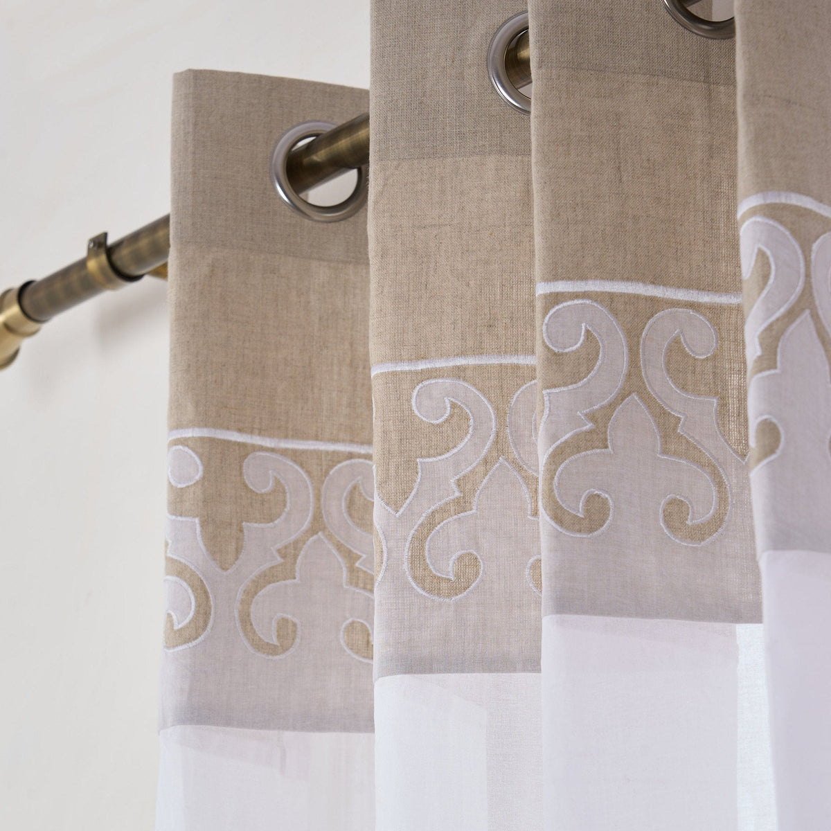 Linen & Organdy Curtain Panel | Suzani Applique Border | 4 Hanging Styles | 52 × 63 & 52 × 84 inches