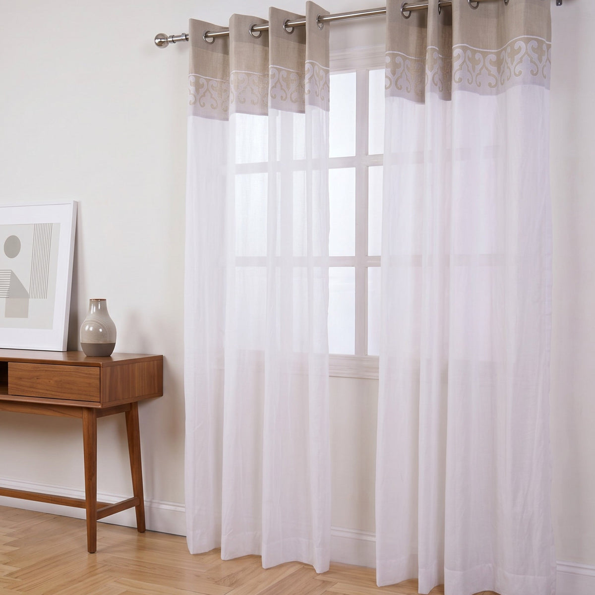 Linen & Organdy Curtain Panel | Suzani Applique Border | 4 Hanging Styles | 52 × 63 & 52 × 84 inches