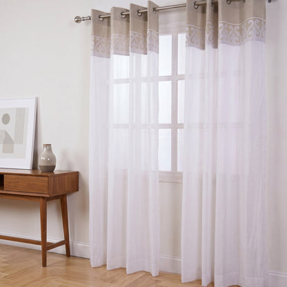 Linen & Organdy Curtain Panel | Suzani Applique Border | 4 Hanging Styles | 52 × 63 & 52 × 84 inches