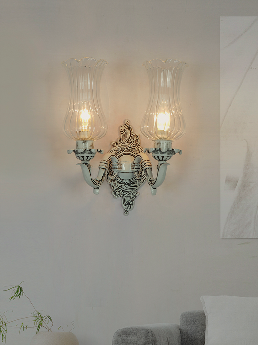 Elegant Traditional Swan Double Wall Lamp, Antique White Cast Aluminium, Fluted Glass