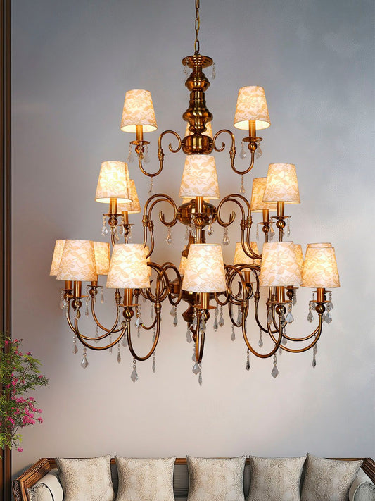 Grand Brass Antique 21-Light Chandelier, Crystal & Lace Shades, Mid-Century European Style