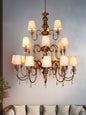 Grand Brass Antique 21-Light Chandelier, Crystal & Lace Shades, Mid-Century European Style