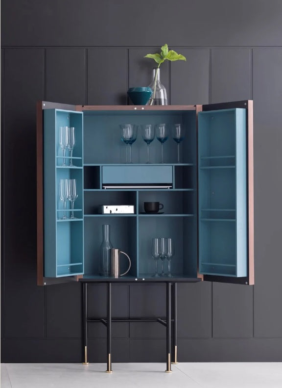 Aero Bar Unit: Modern Engraved Wavy Motif, Gold Accents, Home Bar Cabinet