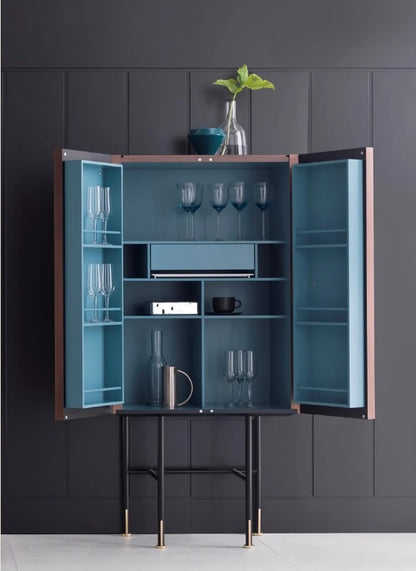 Aero Bar Unit: Modern Engraved Wavy Motif, Gold Accents, Home Bar Cabinet