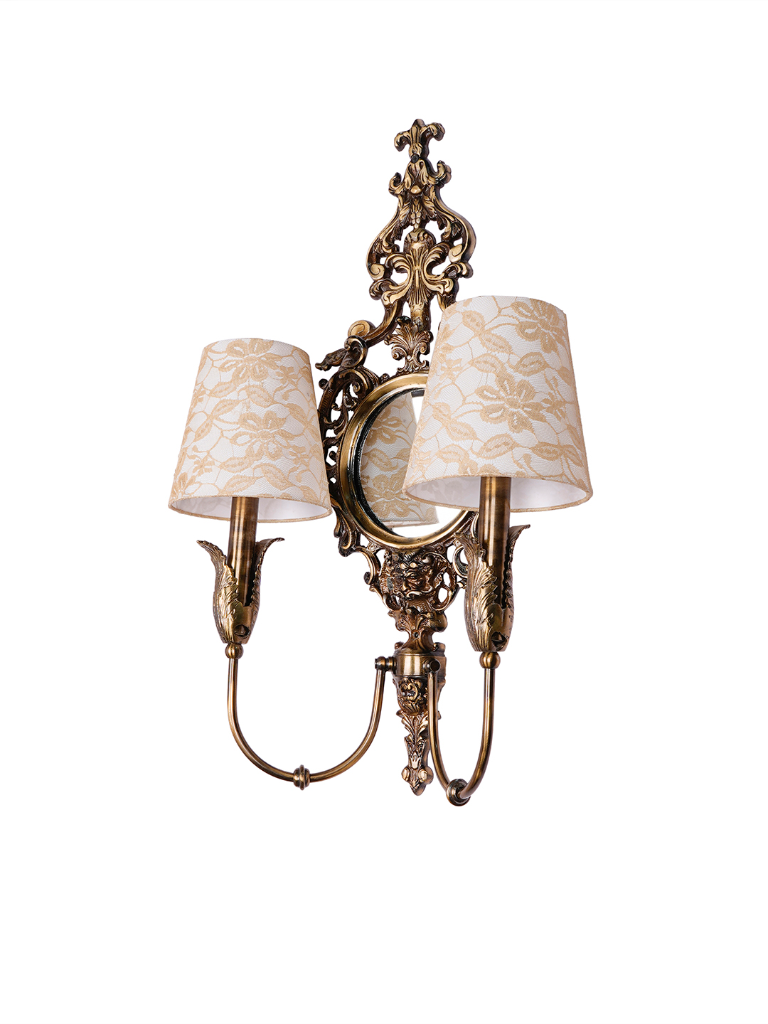 Opulent Vintage Antique Brass Wall Lamp with Mirror and Dual Lace Shades