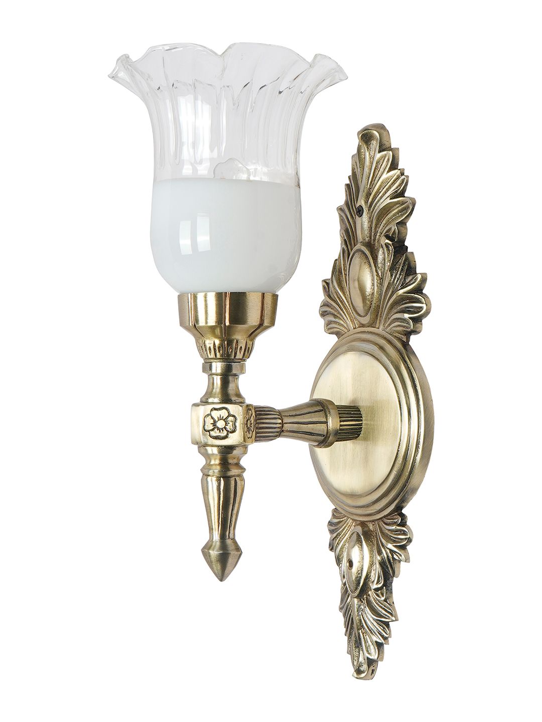 Classic Aluminium Torch Wall Sconce: Antique Brass Finish, Half-White Borosilicate Glass