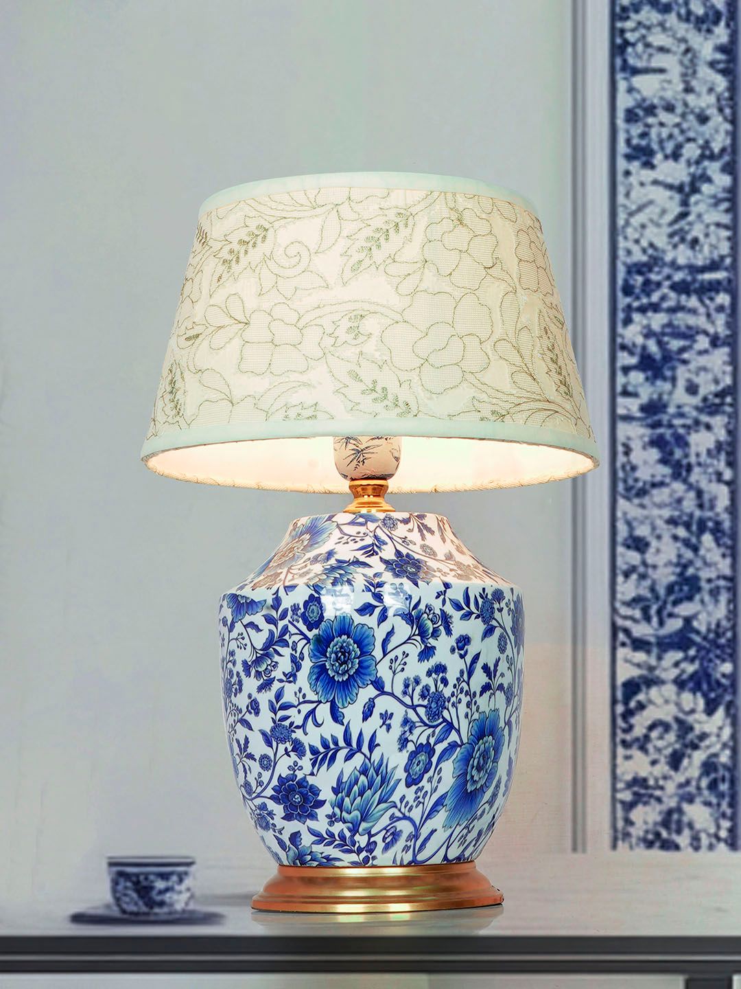 Artisanal Blue Pottery Print Table Lamp with Pastel Green Embroidered Shade