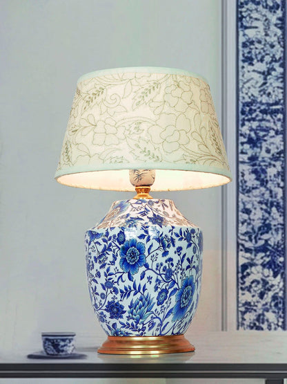 Artisanal Blue Pottery Print Table Lamp with Pastel Green Embroidered Shade