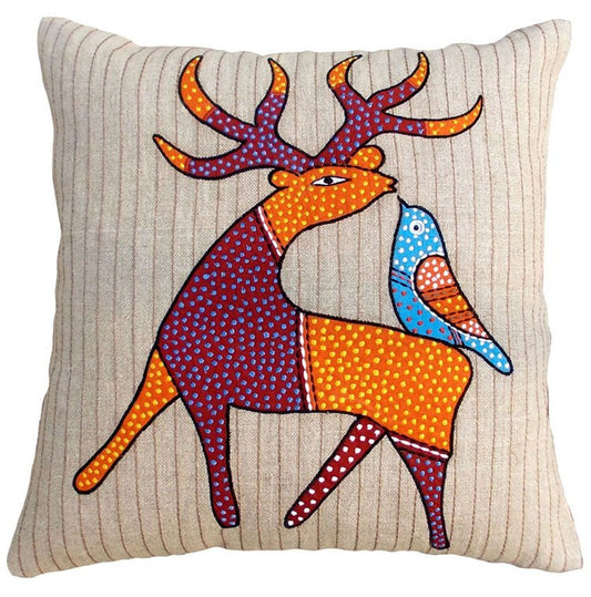 Handcrafted Deer Motif Linen Pillow Cover – Boho Chic