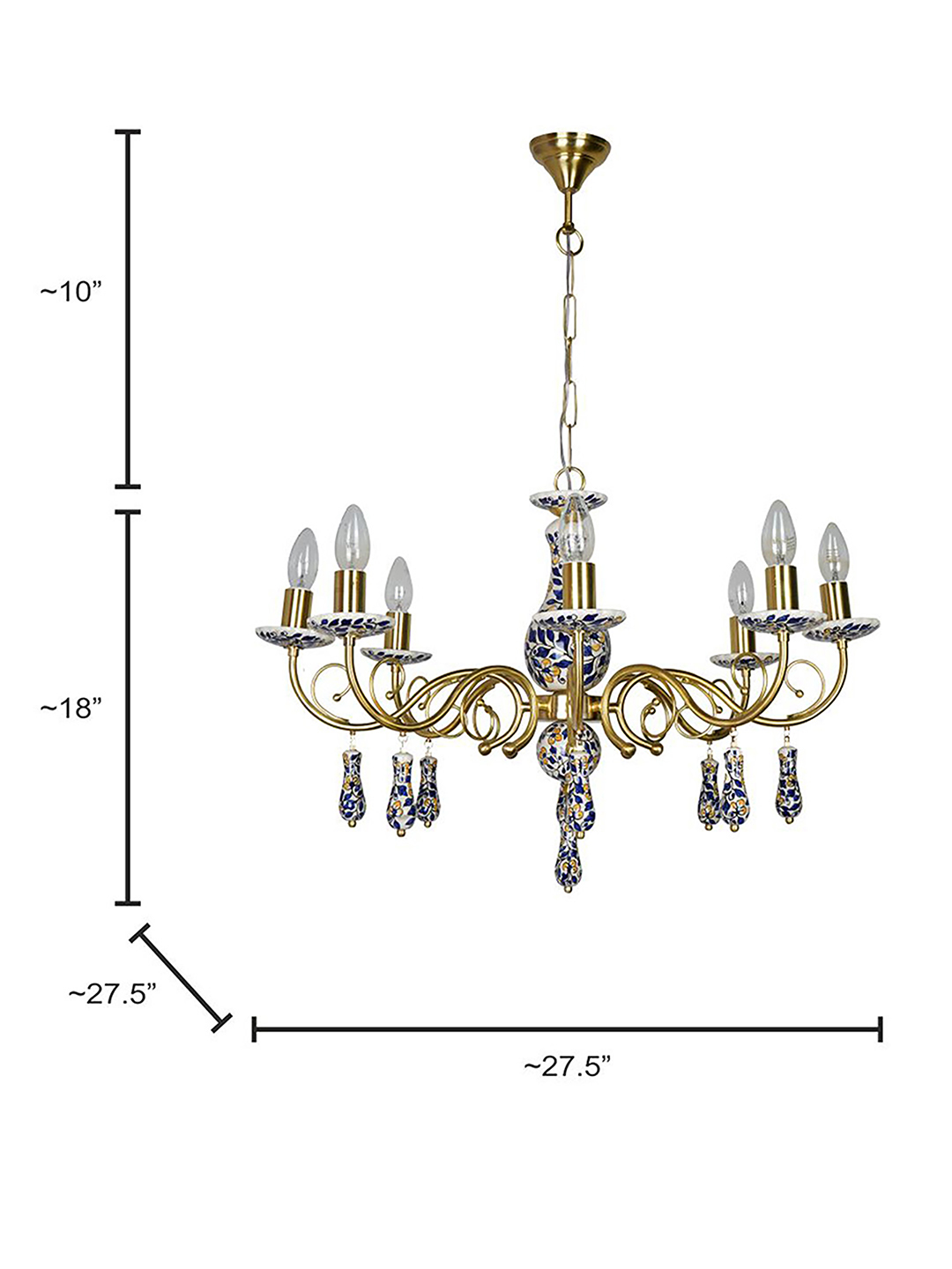 Handcrafted Blue Pottery Floral Brass 8-Light Candelabra Chandelier for Dining