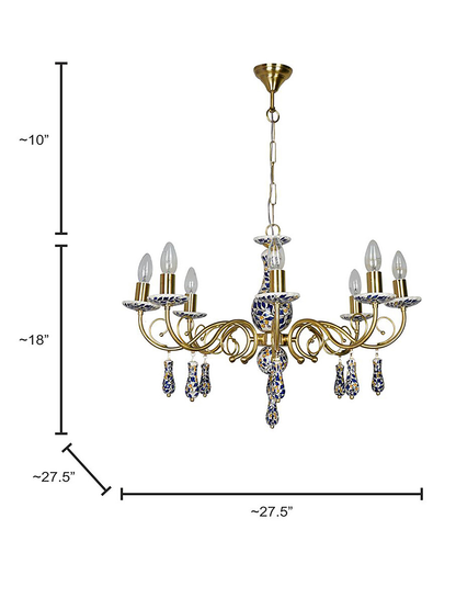 Handcrafted Blue Pottery Floral Brass 8-Light Candelabra Chandelier for Dining