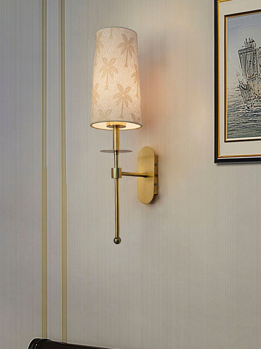 Decorative Antique Brass Long Arm Wall Sconce, Palm Motif Fabric Shade, E27 Holder