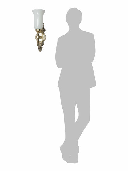 Traditional Antique Brass Aluminium Torch Wall Sconce, Milky White Glass Shade