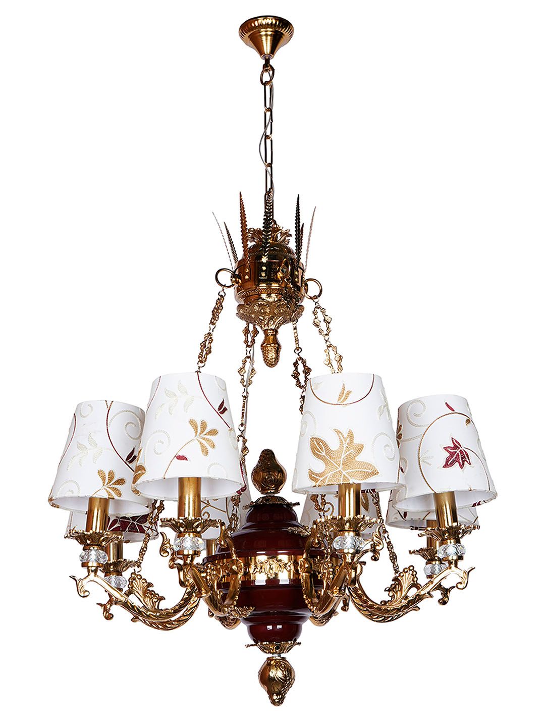 Luxury Maroon Gold 8-Light Chandelier, Kashmiri Embroidered Fabric Shades & Crystals